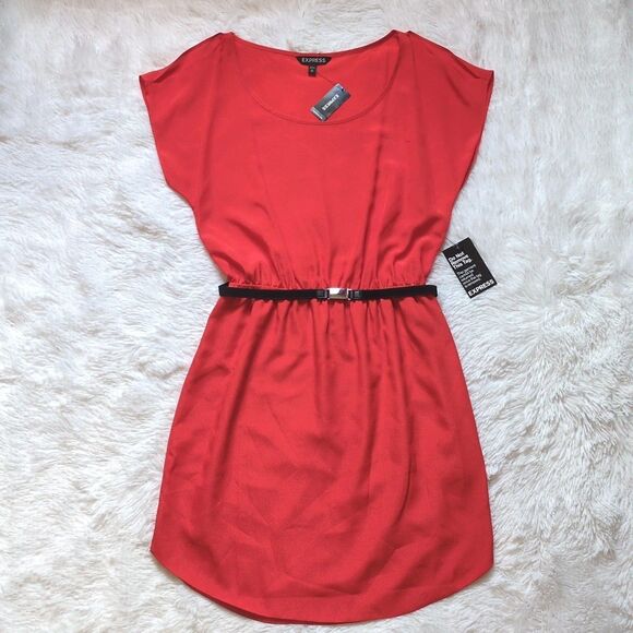 Express Dresses & Skirts - NWT Express Size M Belted Dress Flutter Sleeve Knee Length Red Orange Party New